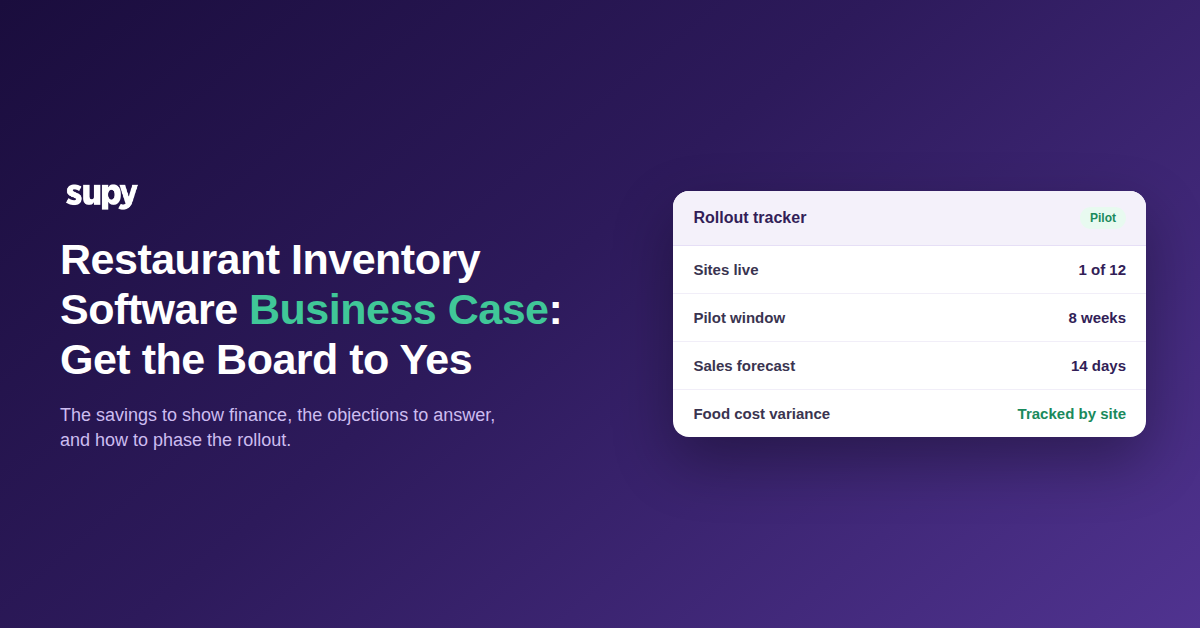Rollout tracker for a restaurant inventory software business case, showing pilot window, sales forecast and food cost variance