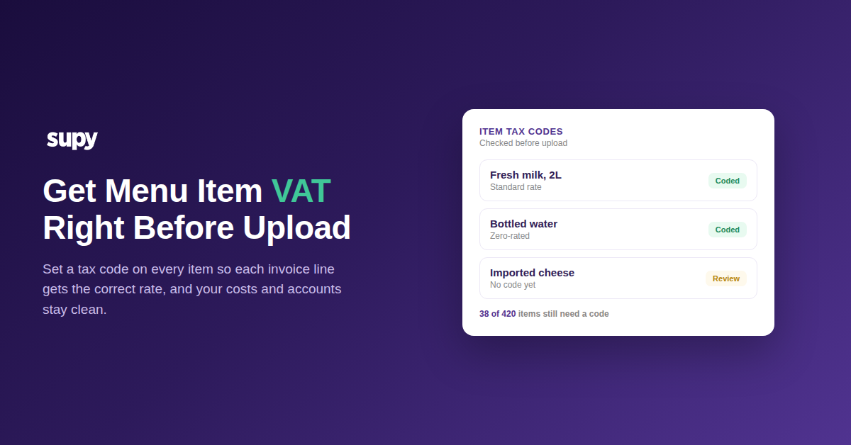 Item tax codes checked before upload, with menu items coded standard, zero-rated, or flagged for review