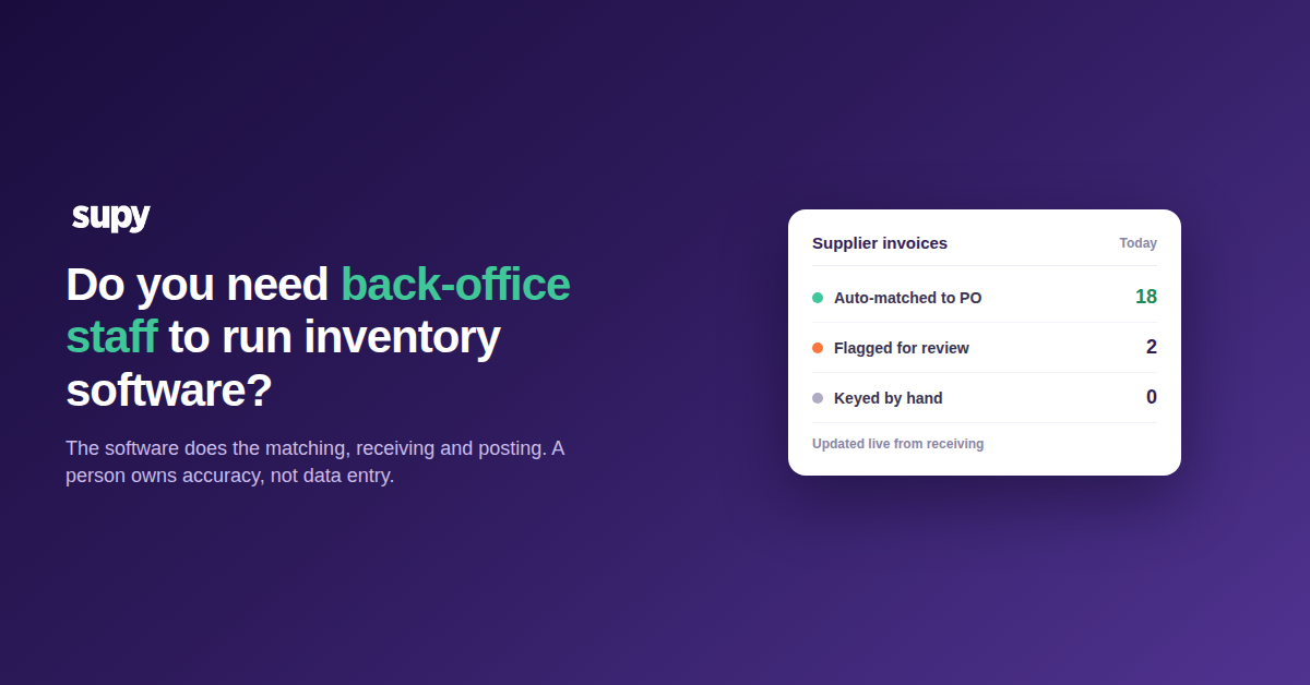 Supy invoice inbox showing supplier invoices auto-matched to purchase orders