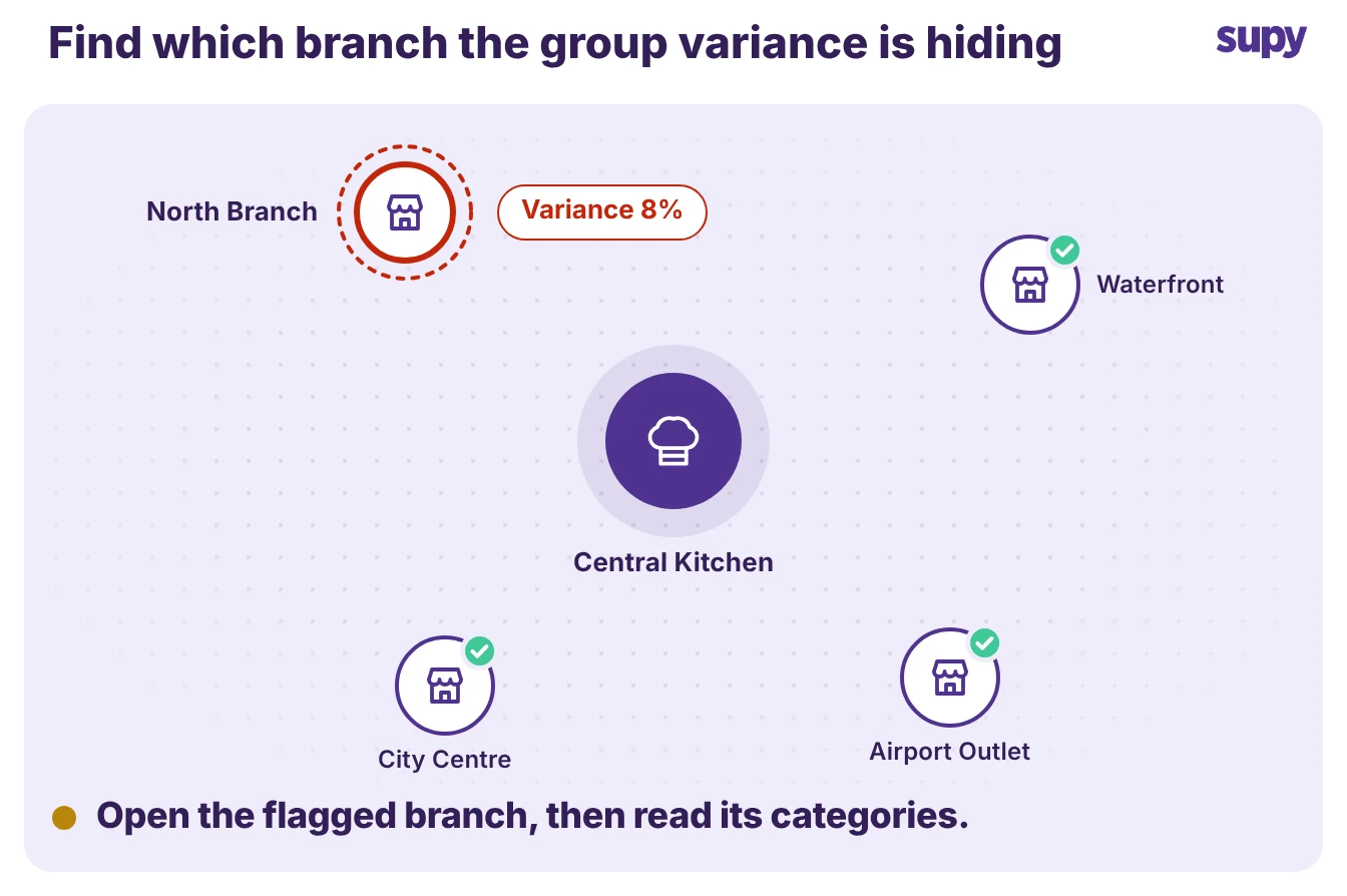 Map of a restaurant group with North Branch flagged for the highest variance