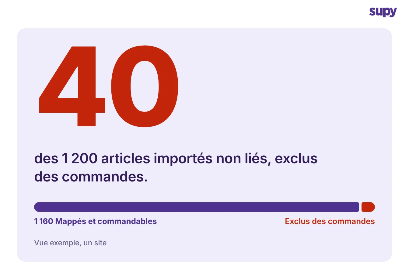 40 des 1 200 articles importés n'ont pas pu être mappés et sont sortis des commandes