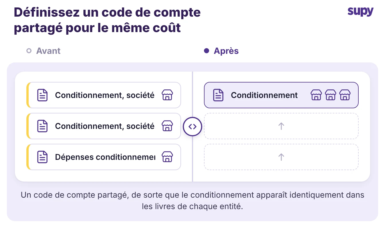 Deux enregistrements d'entités pour le même coût d'emballage consolidés dans un code de compte partagé