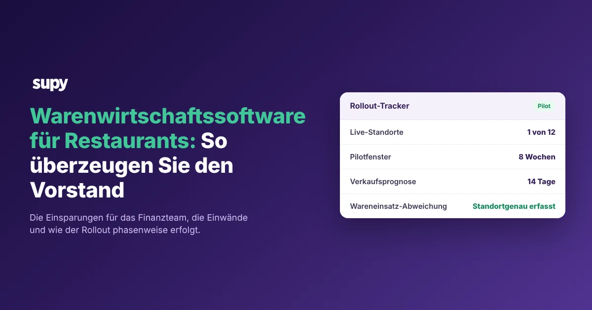 Rollout tracker for a restaurant inventory software business case, showing pilot window, sales forecast and food cost variance