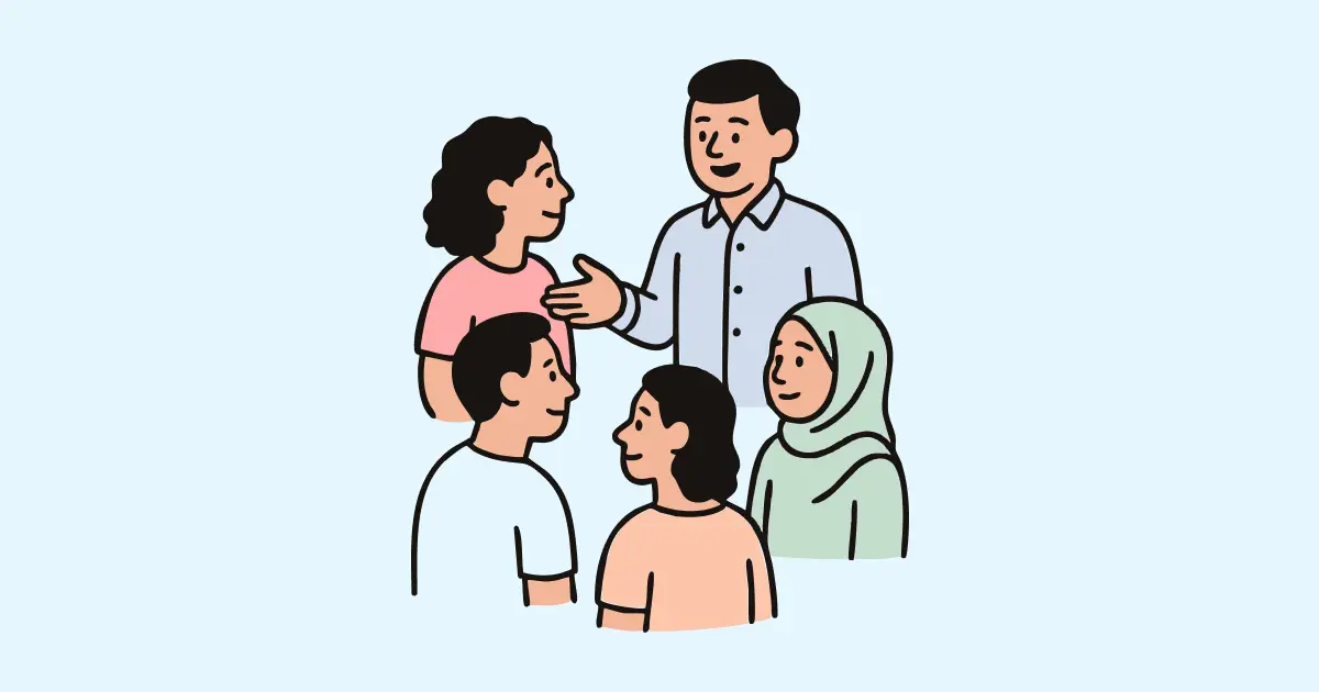 Illustration einer diversen Gruppe von fünf Personen im Gespräch – Sinnbild für inklusive Führung und Vielfalt im Team.