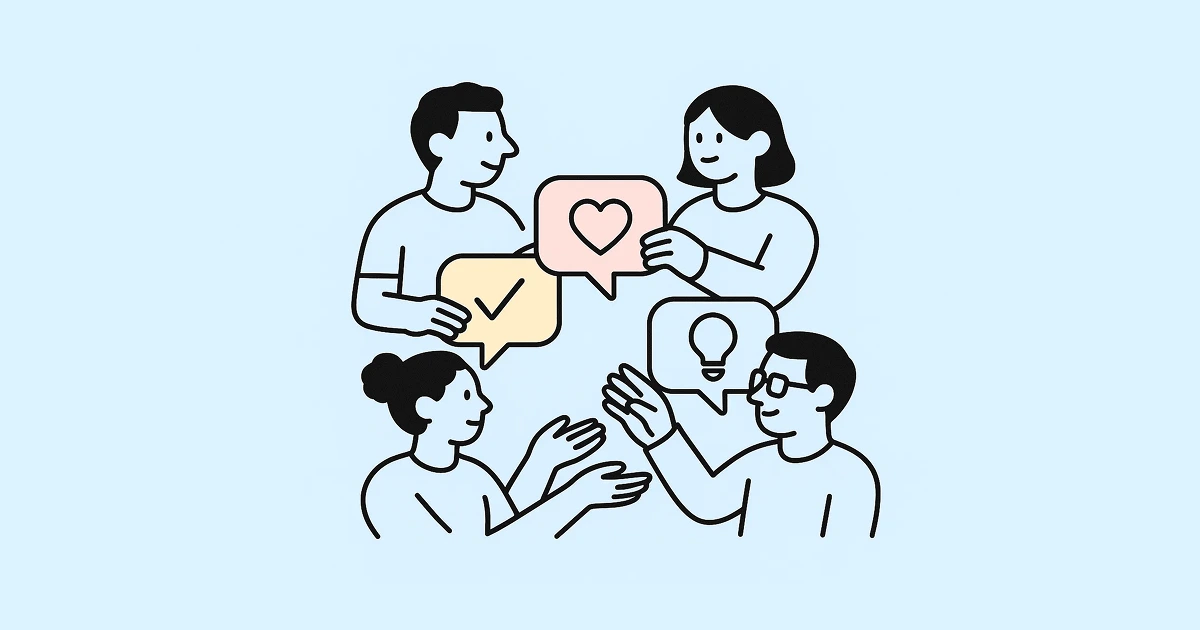 Illustration von vier Personen, die sich austauschen und Sprechblasen mit einem Herz, einem Haken und einer Glühbirne halten – Sinnbild für eine vertrauensvolle Feedbackkultur und gemeinsames Wachstum.