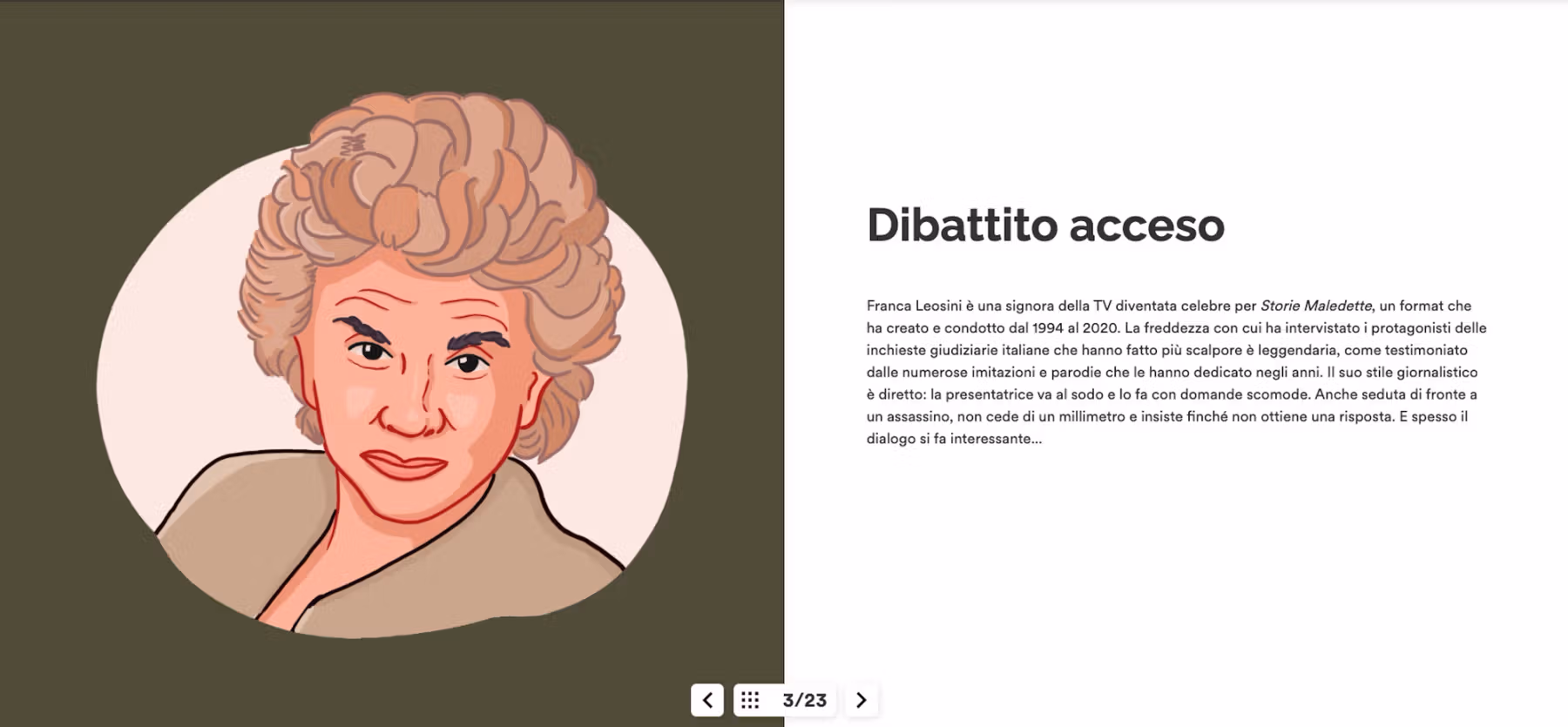 Illustrated figure with curly hair and beige top on the left side, with Italian lesson slide on the right. Slide title reads “Dibattito acceso” and the text introduces Franca Leosini, known for her direct and probing interview style on the show “Storie Maledette,” highlighting her legendary interviewing and persistent questioning in high-profile judicial cases.