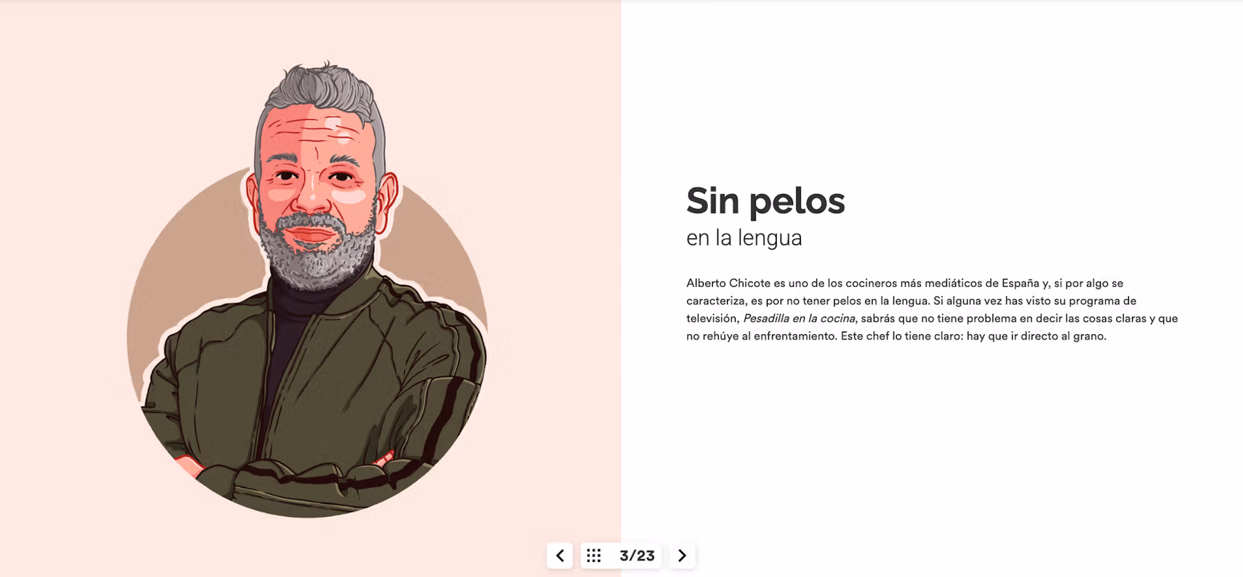 Illustrated figure with arms crossed in a green jacket on the left side, with Spanish lesson slide on the right. Slide title reads “Sin pelos en la lengua” and the text describes chef Alberto Chicote’s direct communication style, referencing his show “Pesadilla en la cocina” and his reputation for honest, straightforward feedback.