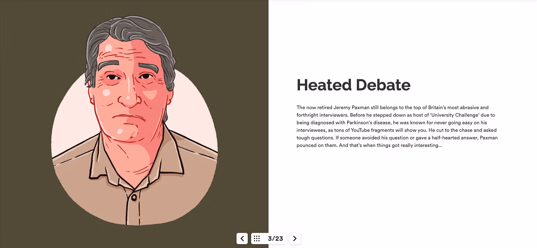 Illustrated figure in a collared shirt on the left side, with British lesson slide on the right. Slide title reads “Heated Debate” and the text explains Jeremy Paxman’s legacy as a hard-hitting British TV interviewer, known for direct and tough questioning, especially on “University Challenge,” and his persistent pursuit of honest responses from guests.