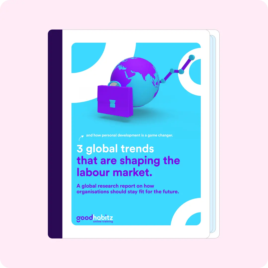 “3 Global Trends That Are Shaping the Labour Market” – Report cover with a blue background, displaying a stylized globe, a briefcase, and statistical chart, emphasizing global workforce trends and future-readiness.