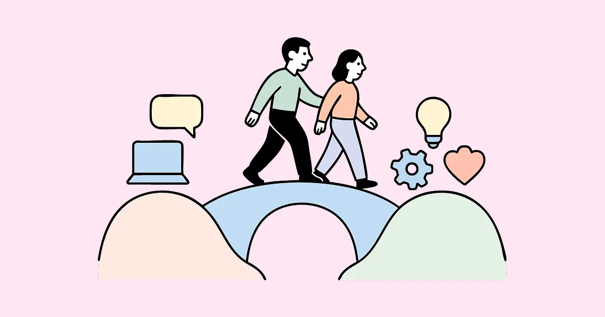 Illustration of two people walking together across a bridge made of soft colors, surrounded by icons for digital communication, innovation, heart, and teamwork, representing hybrid leadership and connection in modern workplaces.”