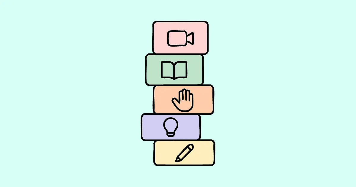 Stack of pastel-colored blocks each displaying an icon—video, book, hand, idea bulb, and pencil—conveying diverse lesson formats and engaging learning methods featured in GoodHabitz courses.