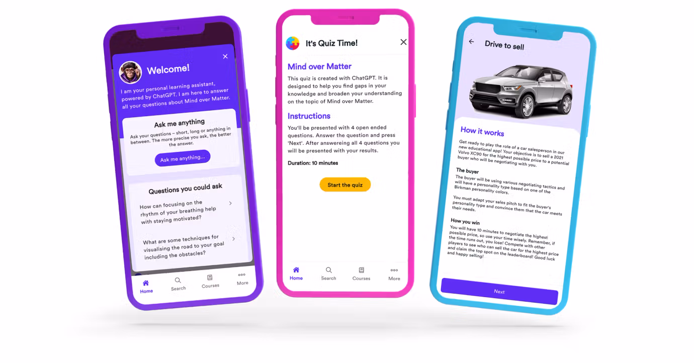 Darstellung von drei farbigen Smartphones, auf denen die neuen KI-basierten Lernfunktionen von GoodHabitz zu sehen sind: ein persönlicher Lernassistent, ein interaktives Quiz und ein Verkaufsspiel, die alle durch die Integration von ChatGPT eine individuelle Lernerfahrung ermöglichen.