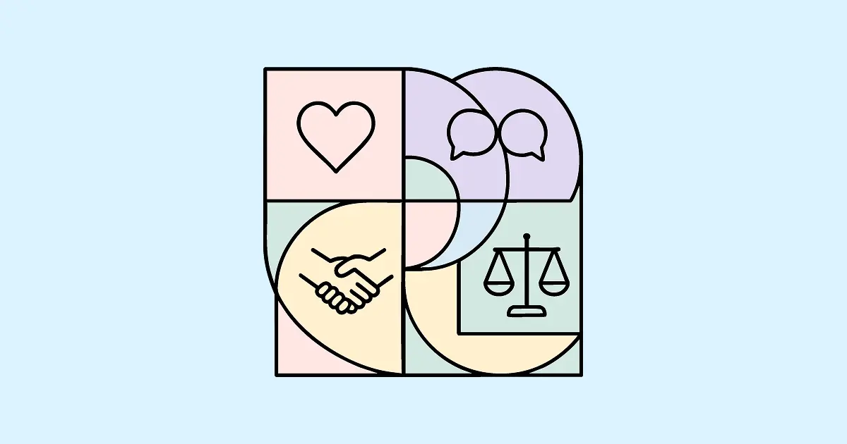Abstract illustration with shapes showing a heart, speech bubbles, a handshake, and scales. Represents diversity, equity, and inclusion in the workplace.