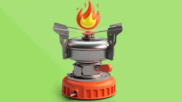 Illustration of a compact metal camping stove with orange base lit by a stylized flame on a light green background. The visual suggests energy, teamwork, and motivation, symbolizing the concept of team spirit or collective drive.