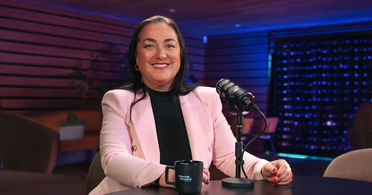 Jenny Radcliffe sitting for the Moving Forward podcast