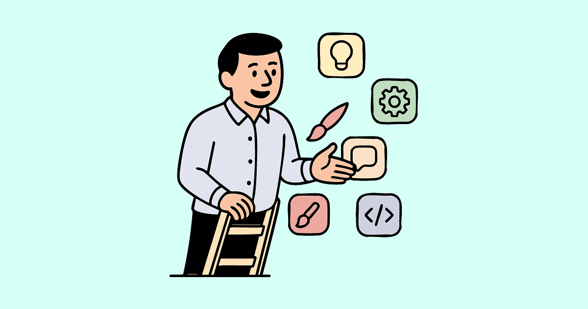 An illustrated person standing by a ladder and gesturing toward colorful icons representing ideas, creativity, communication, technology, and practical skills—symbolising the key aspects of self-directed learning.