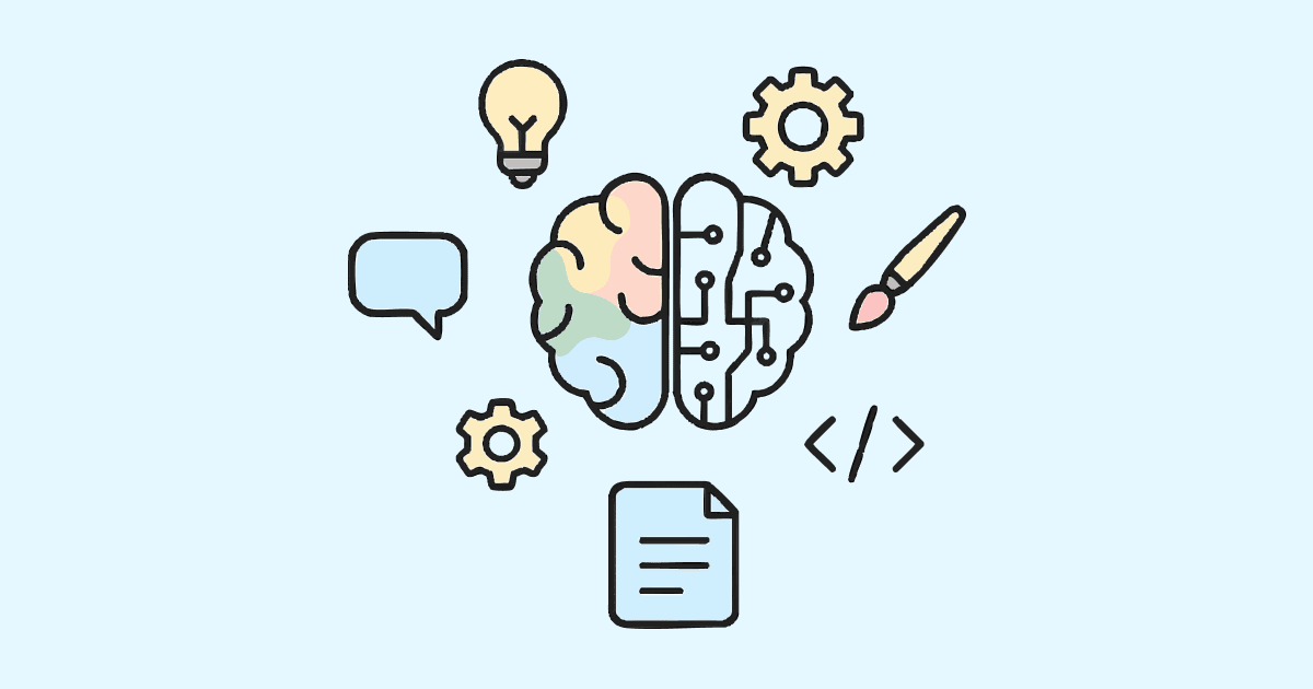 A colorful illustration of a brain, with the left half organic and shaded in pastel colors and the right half depicted with digital circuit patterns, surrounded by icons for creativity, technology, communication, and problem-solving.