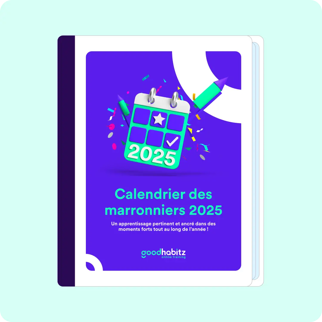 Une couverture du “Calendrier des marronniers 2025” de GoodHabitz, présentant une icône de calendrier colorée avec des confettis et un crayon sur un fond violet.