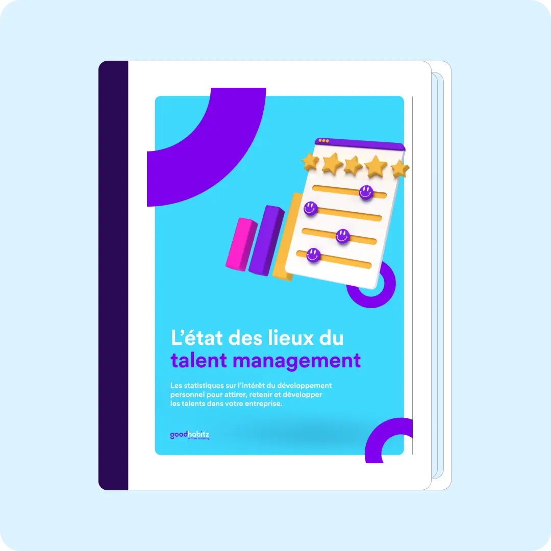 Une couverture de rapport intitulée "L'état des lieux du talent management". La couverture est colorée avec des graphiques en 3D, incluant des barres et une liste avec des étoiles. Le texte en dessous mentionne l'importance du développement personnel.