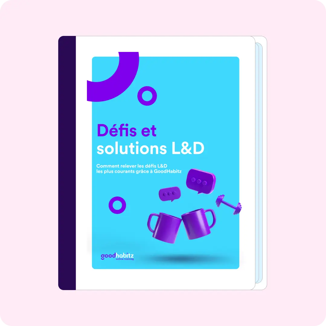 Couverture de rapport intitulée "Défis et solutions L&D". La couverture est colorée avec des éléments en 3D, incluant des tasses, des bulles de dialogue et des poids. Le texte en dessous explique comment relever les défis L&D les plus courants 
