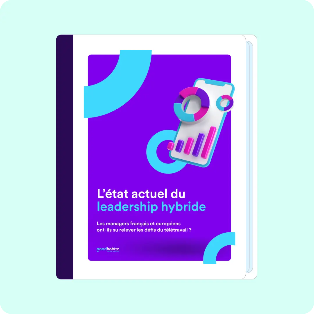 Une couverture de rapport intitulée "L'état actuel du leadership hybride". La couverture est colorée avec des éléments en 3D, incluant un smartphone et des graphiques.