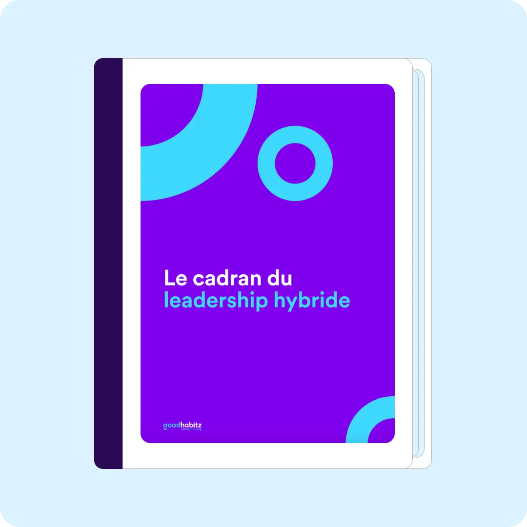 Couverture de rapport intitulée "Le cadran du leadership hybride" avec des formes géométriques bleues sur fond violet.
