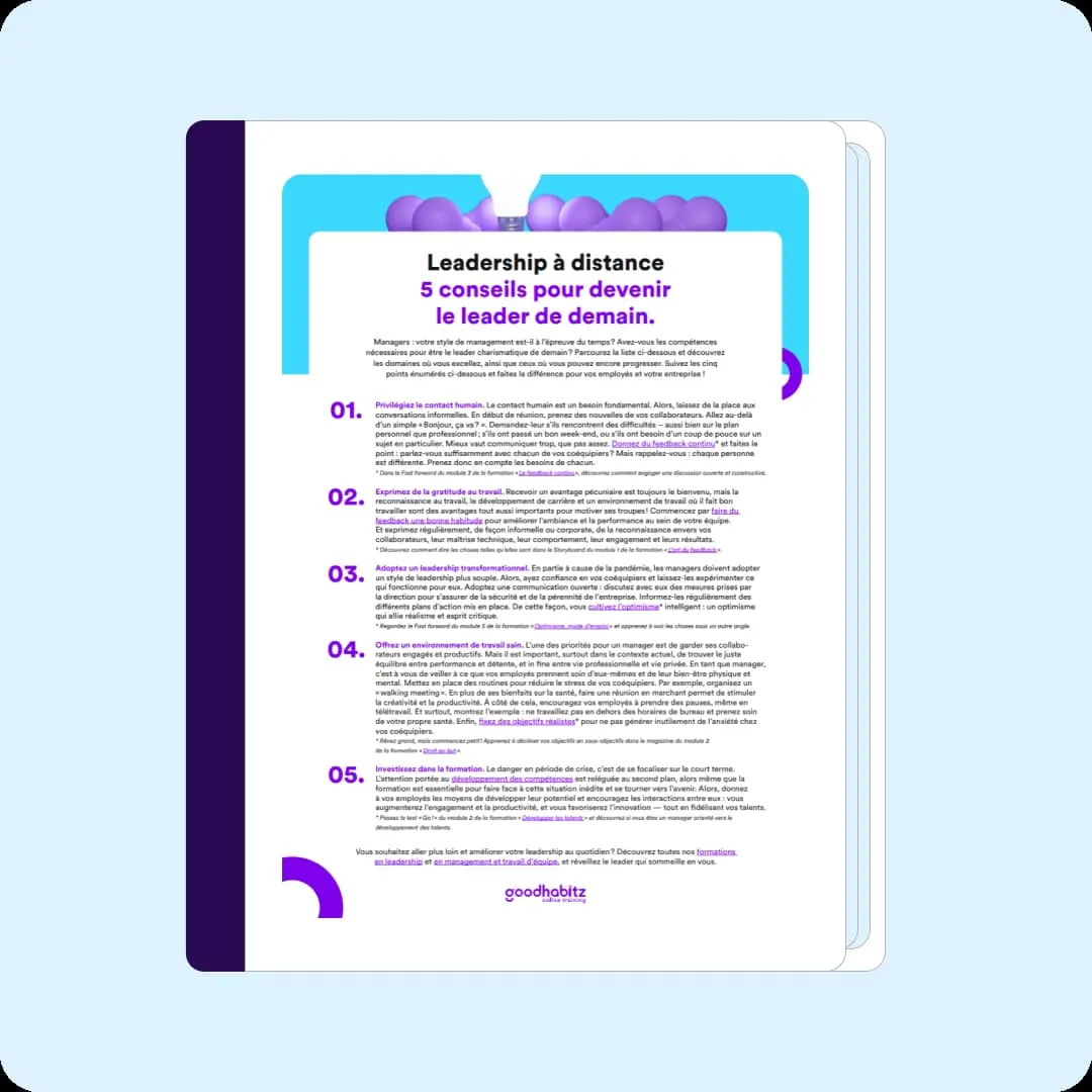 Image d'une page de guide numérique de GoodHabitz sur fond bleu clair. Le titre est "Leadership à distance : 5 conseils pour devenir le leader de demain." Le texte est structuré en cinq sections numérotées.