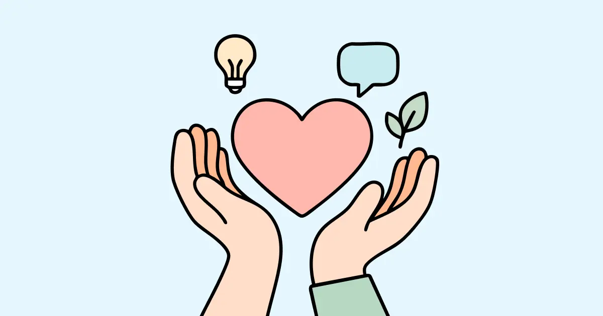 Des mains de dessin animé tiennent un cœur, avec une ampoule, une bulle de dialogue et des feuilles flottant au-dessus.