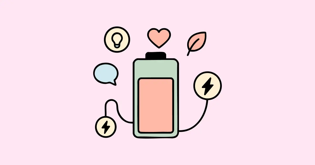 Batterie de dessin animé avec un cœur, une ampoule, une bulle de dialogue, des feuilles et des éclairs autour.