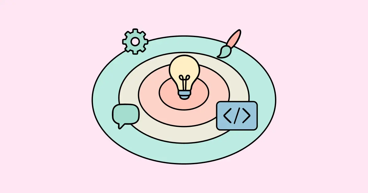 Illustration d’une ampoule allumée au centre de cercles concentriques pastel symbolisant l’innovation et les idées.
