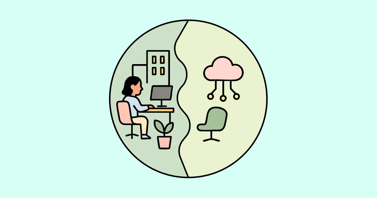 Dans un cercle divisé en deux, à gauche, une personne est assise à un bureau avec un ordinateur, une plante en pot à côté et un bâtiment avec des fenêtres illuminées en arrière-plan. 