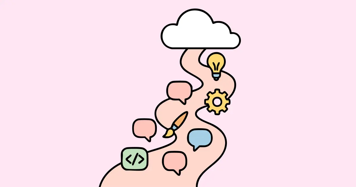 Un chemin sinueux menant à un nuage, avec des icônes représentant des bulles de dialogue, un pinceau, une ampoule, un engrenage et un symbole de code, sur un fond rose.