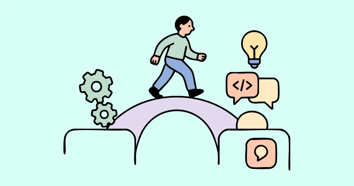 Une personne marchant sur un pont. À gauche, il y a des engrenages, et à droite, des bulles de dialogue avec des symboles de code et une ampoule. 