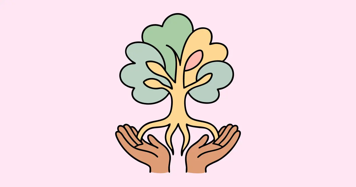 Un arbre stylisé avec des feuilles vertes, jaunes et roses, soutenu par deux mains ouvertes. Le fond est rose clair.