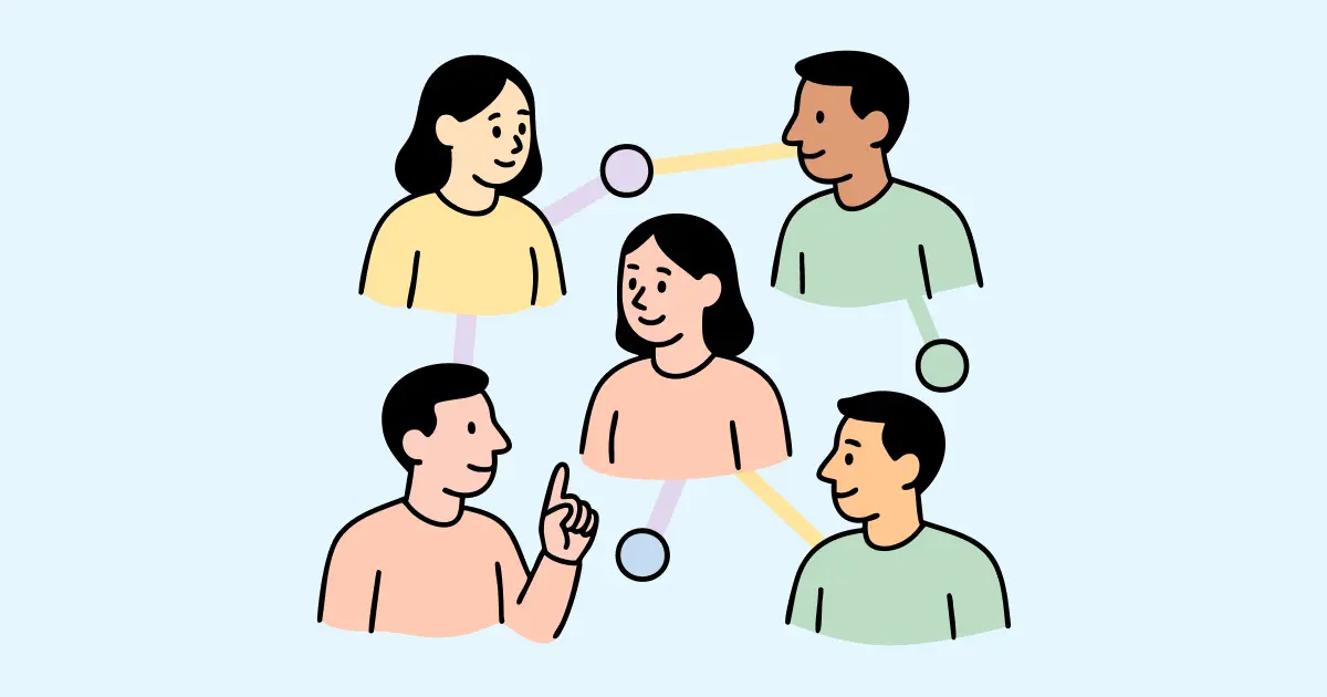 Illustration de cinq personnes dessinées de manière simple, connectées par des lignes colorées. Chaque personne porte un haut de couleur différente : jaune, vert, rose. Les lignes symbolisent des connexions ou des interactions entre elles.