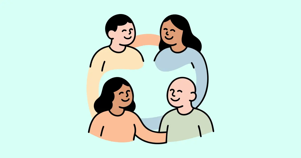 Quatre personnes souriantes formant un cercle, symbolisant l'unité et la communauté. Chacune porte des vêtements de couleurs différentes sur un fond bleu clair.