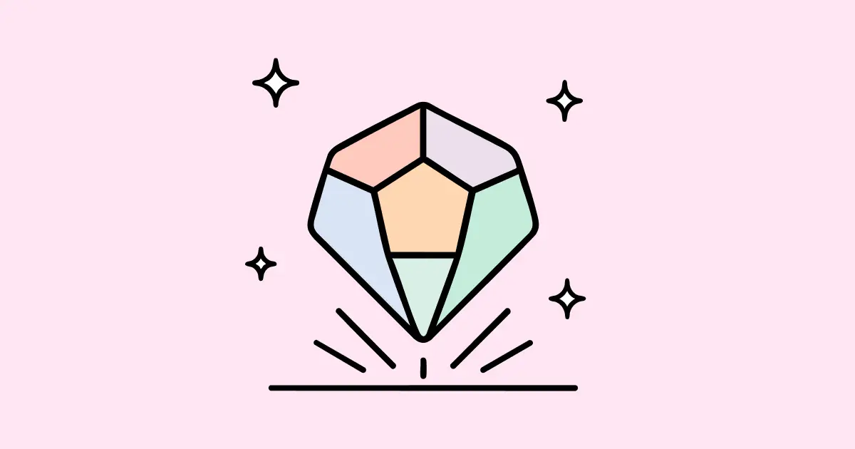 Een veelkleurige diamant met een zwarte omlijning op een roze achtergrond. De diamant is omgeven door vier glinsterende sterren.