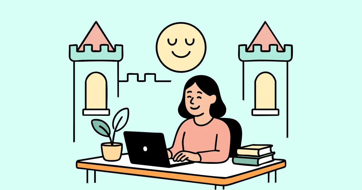 Een persoon die aan een bureau zit en op een laptop werkt. Op de achtergrond zijn twee kasteeltorens zichtbaar met een muur ertussen. Boven de persoon hangt een grote, lachende zon. Op het bureau staan een plant en een stapel boeken.