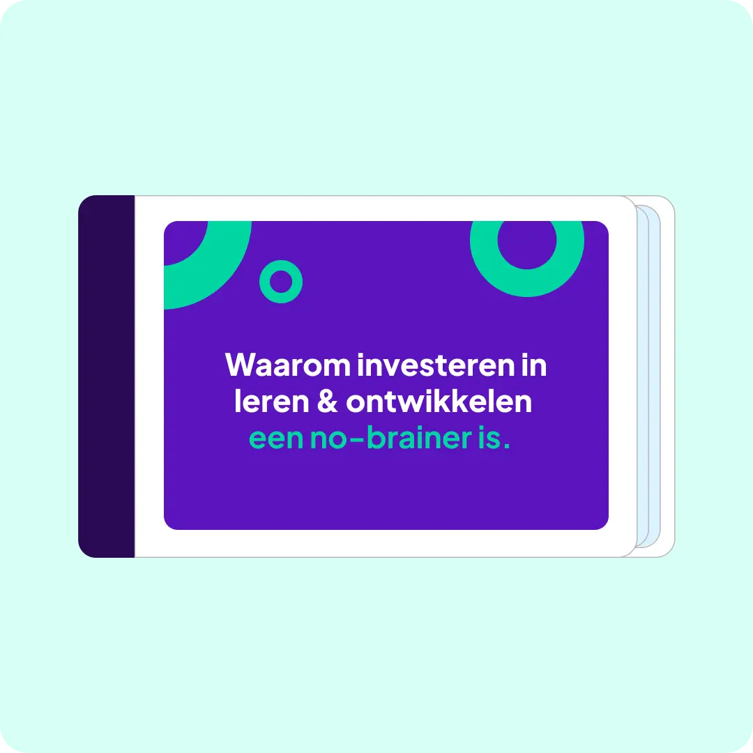 Een boek met een paarse omslag en groene cirkelvormige patronen. Op de omslag staat de tekst: "Waarom investeren in leren & ontwikkelen een no-brainer is." De achtergrond is lichtblauw.