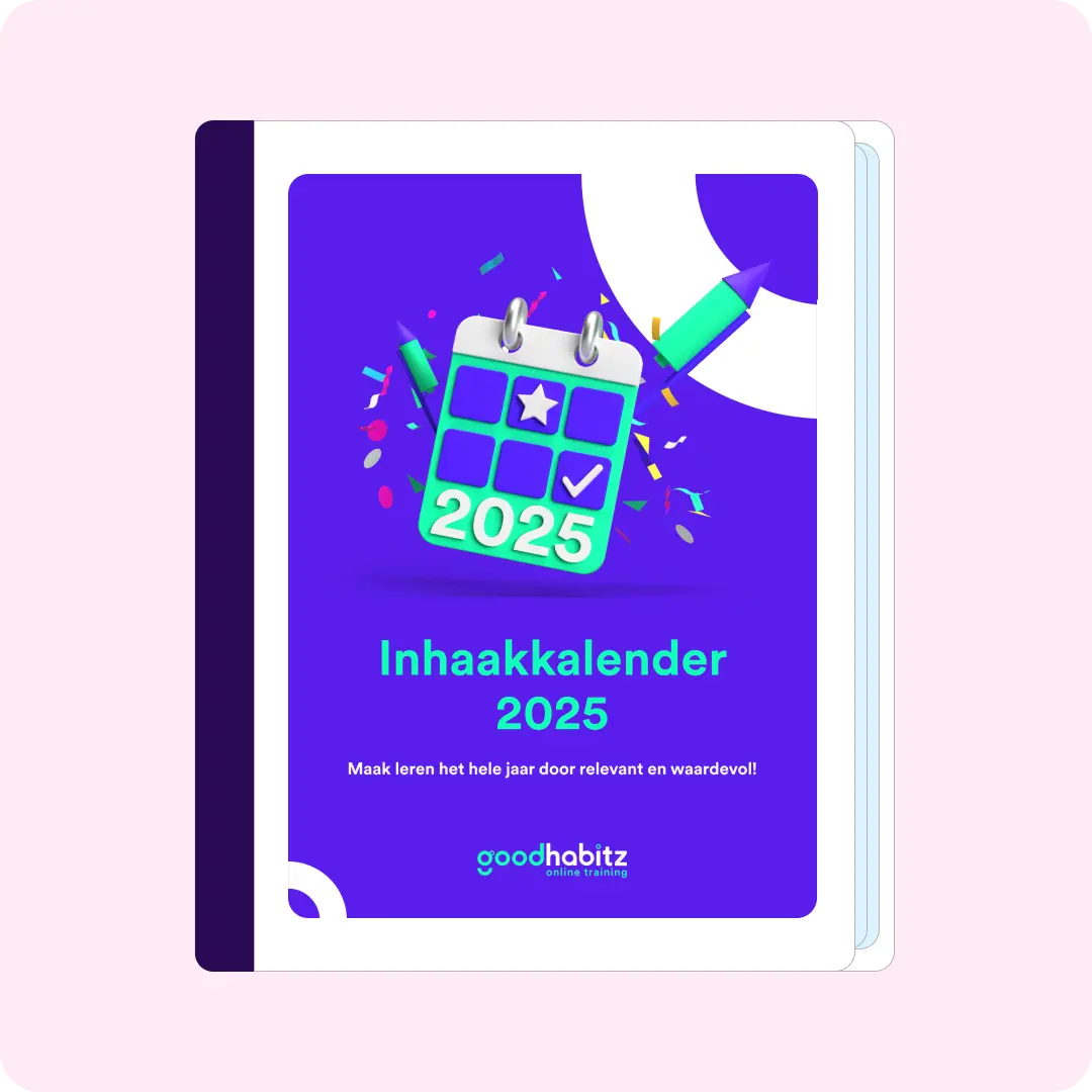Een boek met de titel "Inhaakkalender 2025". Op de omslag staat een illustratie van een kalender met het jaar "2025" en een vinkje. Er zijn kleurrijke confetti en potloden rondom de kalender.