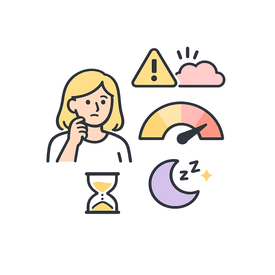 Illustration des principaux signes physiques, émotionnels et professionnels du stress au travail.