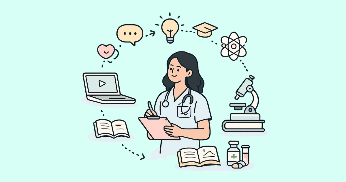 Professionnels de santé suivant différents formats de formation continue dans un établissement de santé moderne