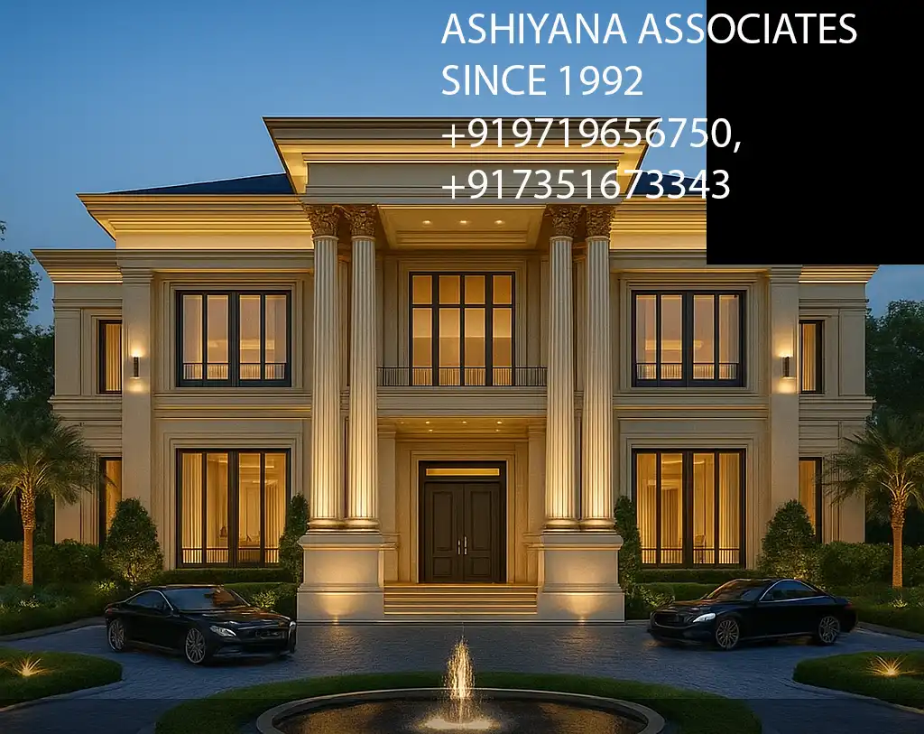 Luxury villa 3D exterior visualization aerial view with pool and outdoor seating