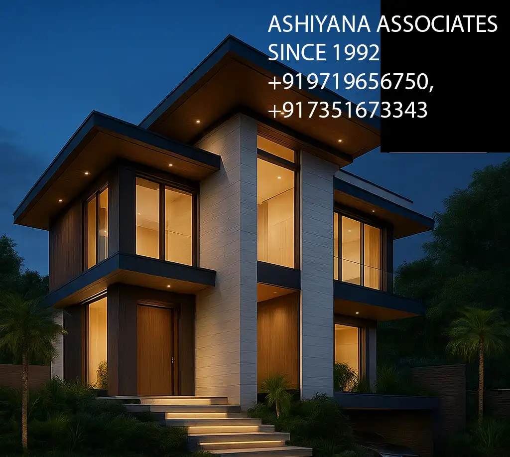 Contemporary villa 3D exterior render front facade with garden landscaping