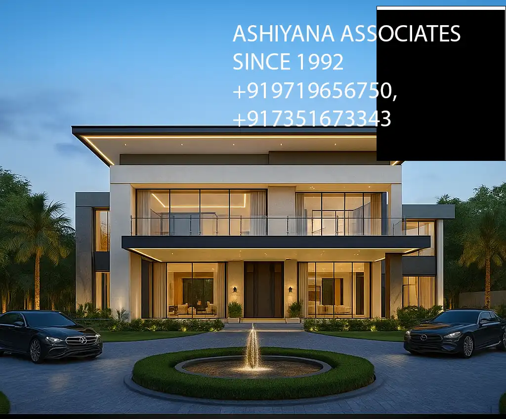 Contemporary luxury villa 3D exterior visualization side elevation with landscaped yard