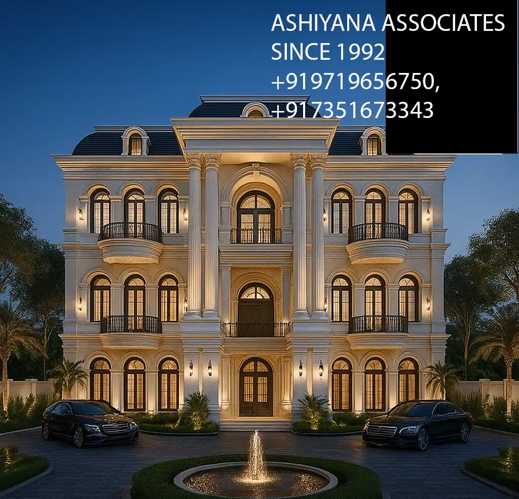 Modern villa 3D exterior render front view showing entrance garden and driveway