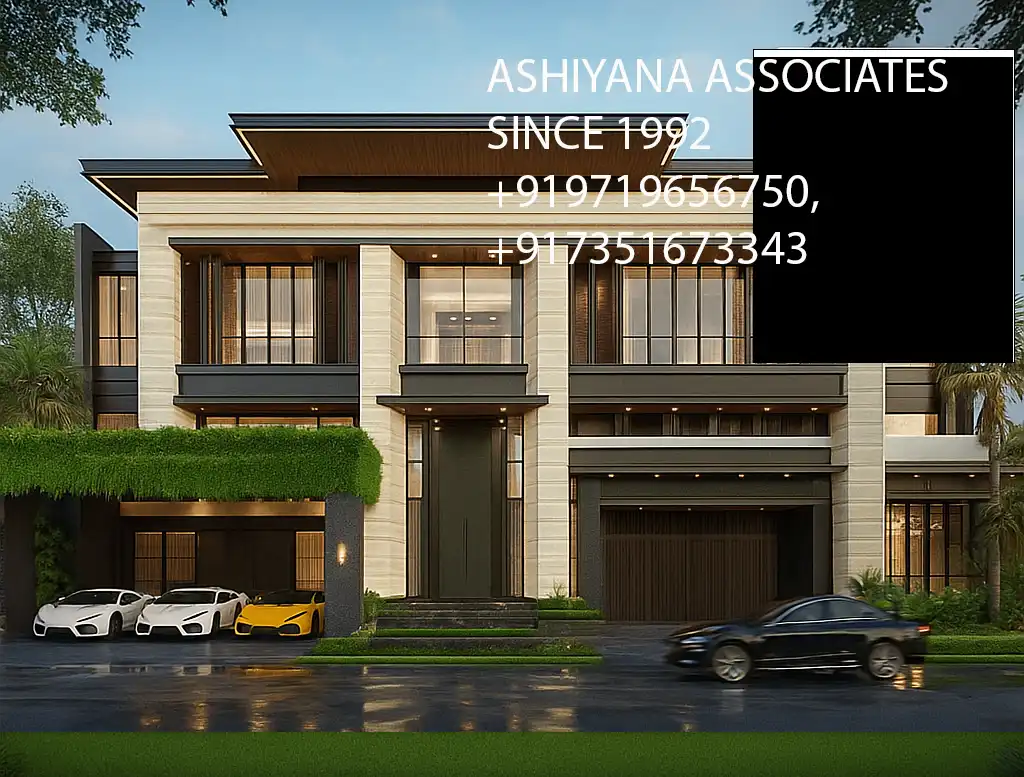 odern residential villa 3D exterior render dusk view with poolside lighting