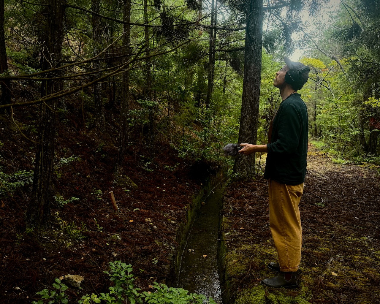 A photograph of a recent sound walk guest who joined a Kyoto, in Sound walk. This photograph is from Keihoku forest, north of Kyoto. It features a person standing underneath the tall trees recording sound with a field recorder.