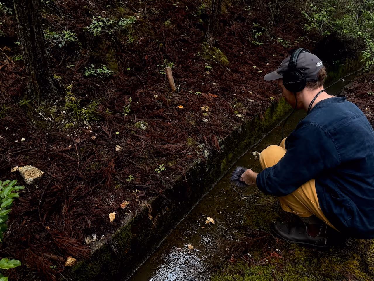 A photograph of a recent sound walk guest who joined a Kyoto, in Sound walk. This photograph features someone kneeling down to capture the sound of a gentle river in Keihoku, north Kyoto.