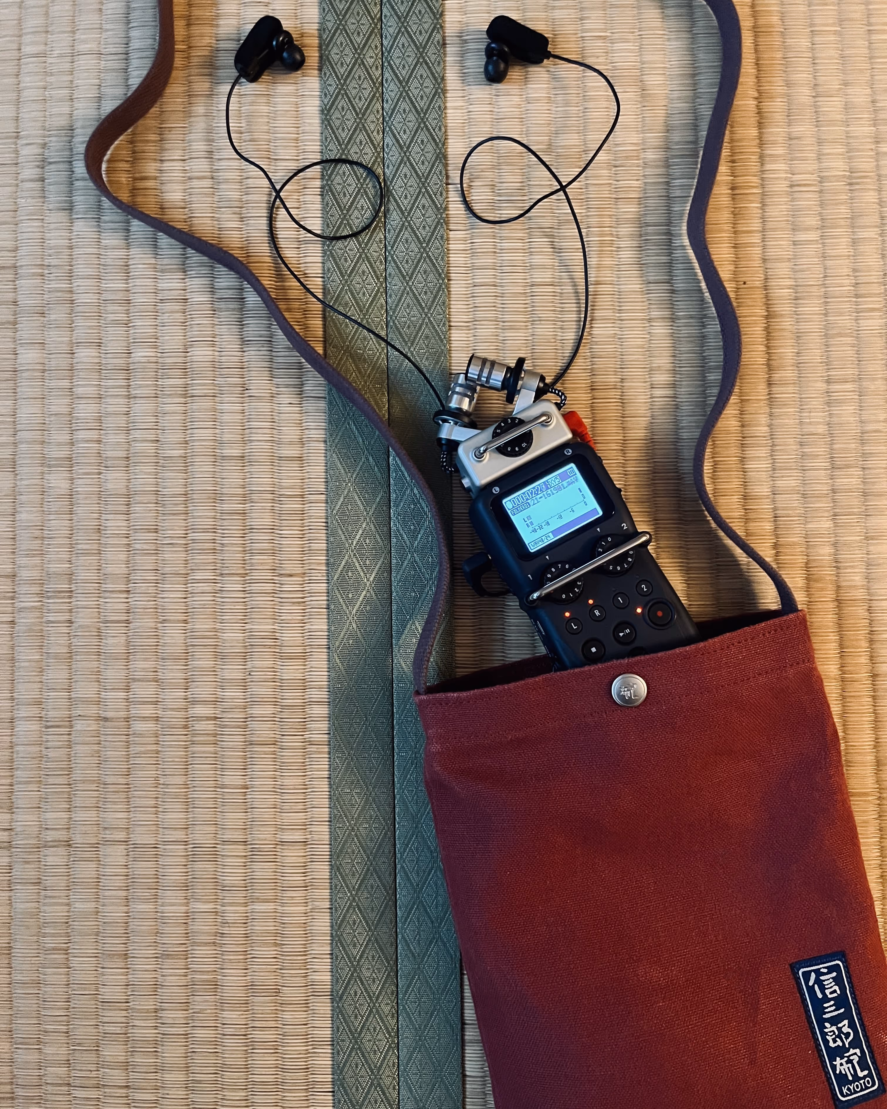 A photo of the field recorders that we use on the sound walks. The Zoom H5. Inside a bag from Ichizawa Hanpu; a company from Kyoto. 